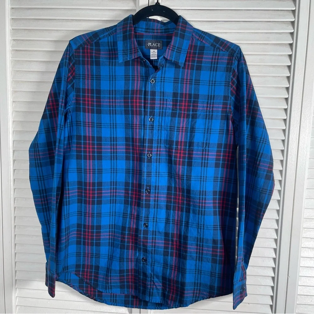The Children’s Place Boys Plaid Poplin Button-Down Shirt – Blue (XXL / 16)